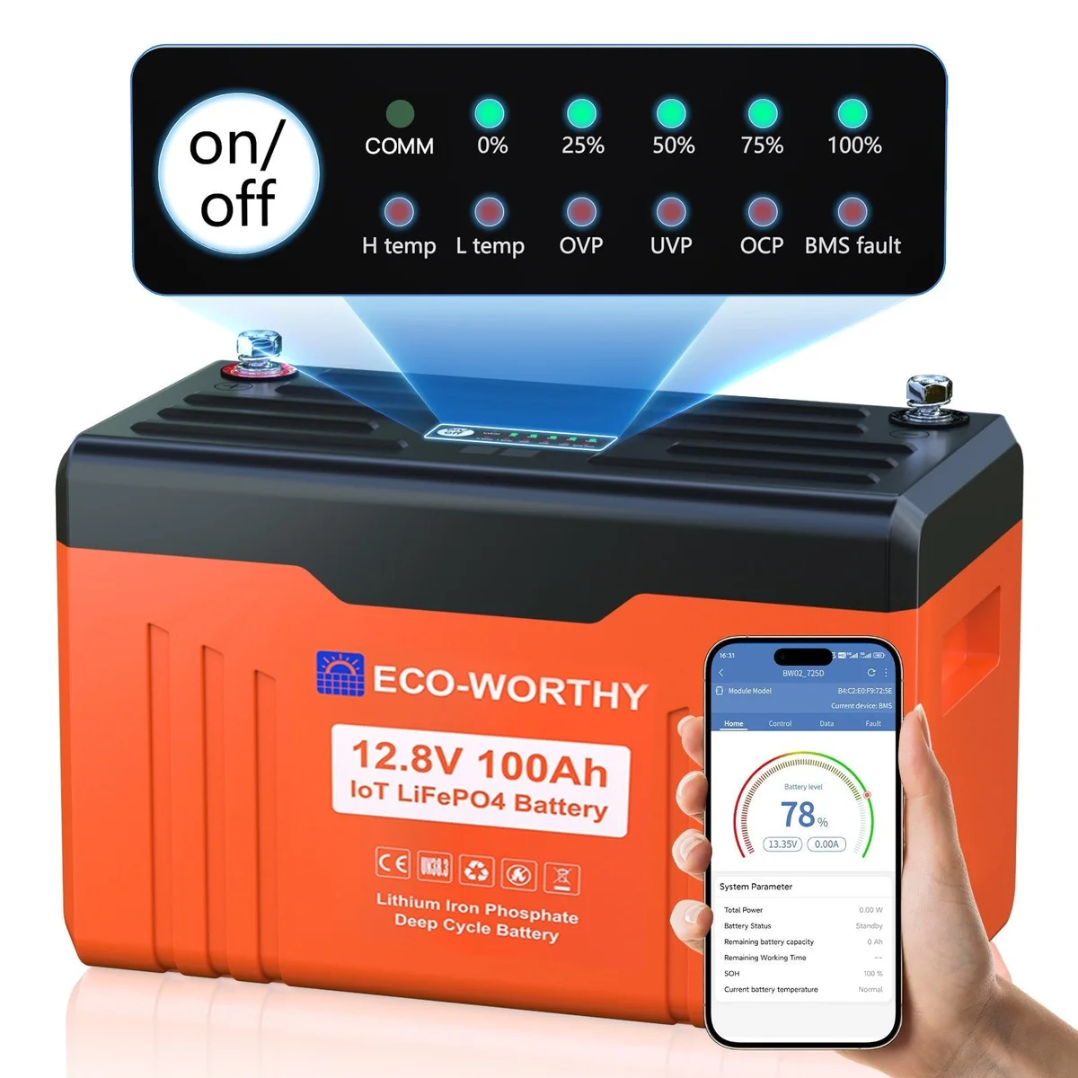 Product image for ECO-WORTHY 12V 100Ah LiFePO4 Battery with Bluetooth